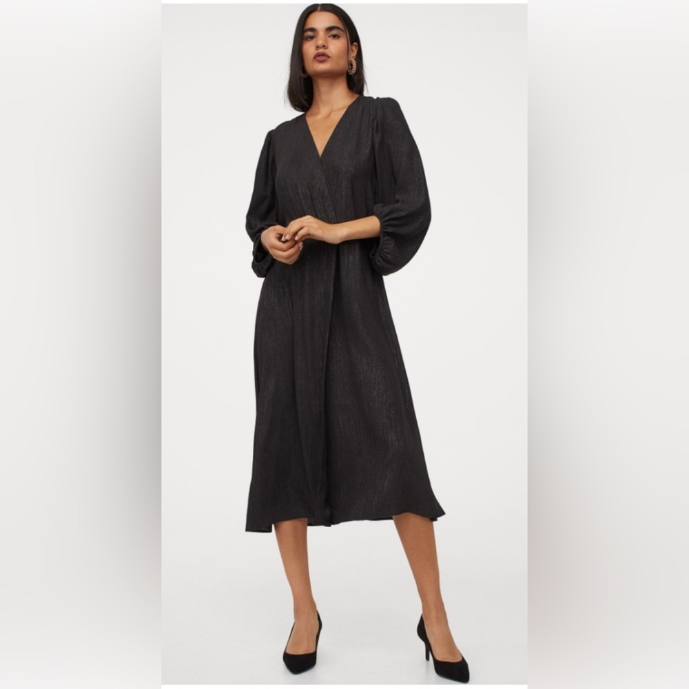 NWT Sparkly Balloon Sleeved Faux Wrap Black Dress L